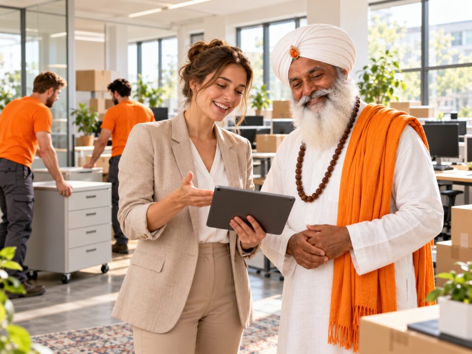 Firmenumzug – Büro mit Guru und Möbelträgern